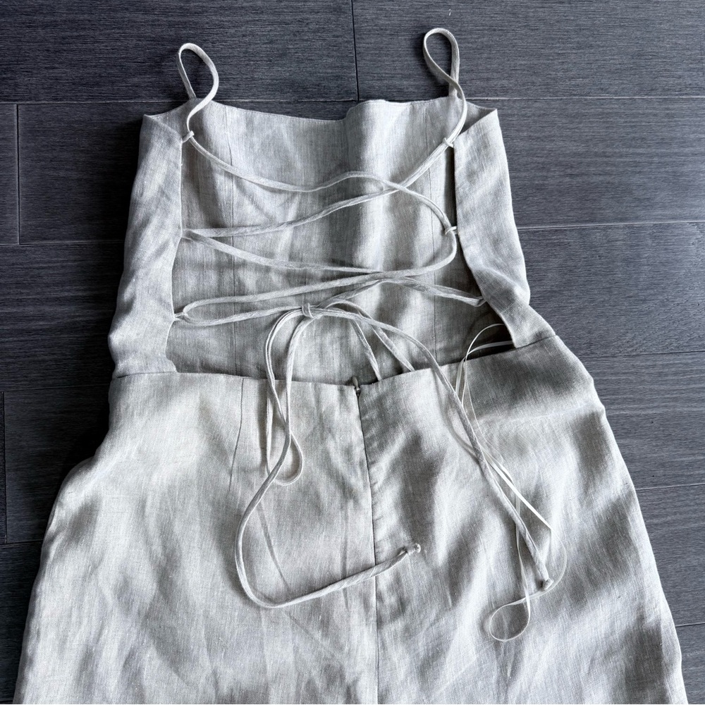 Reformation Huntington Open Back Linen Jumpsuit 12 Oatmeal Wide Leg Lace Up - Picture 6 of 16